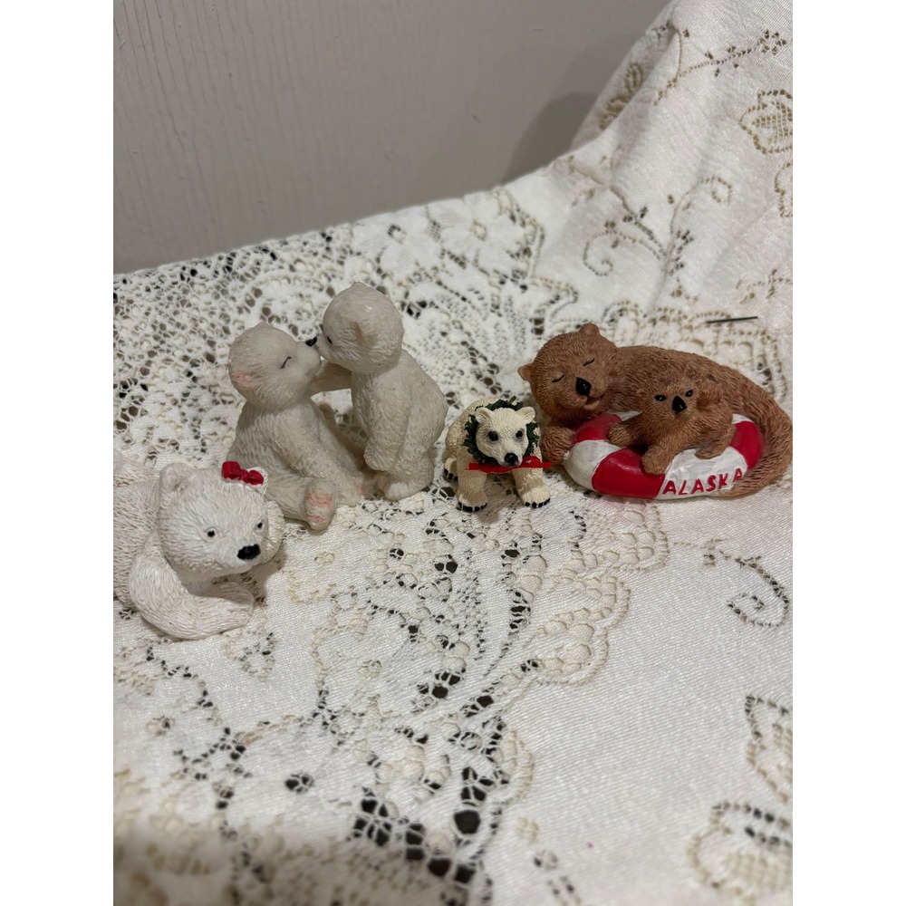 Miniature Polar Bear and Alaska Sea Otter Figurine Lot Set of 4 Resin Animals